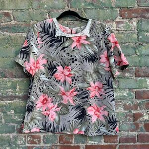 Vintage 90s Blouse‎ Women's Size Large K.C. Studio Collared Lace Floral Tropical